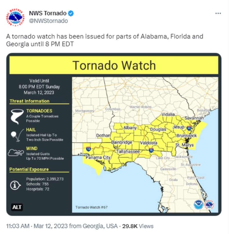 Lanzan alerta de tornado en Georgia