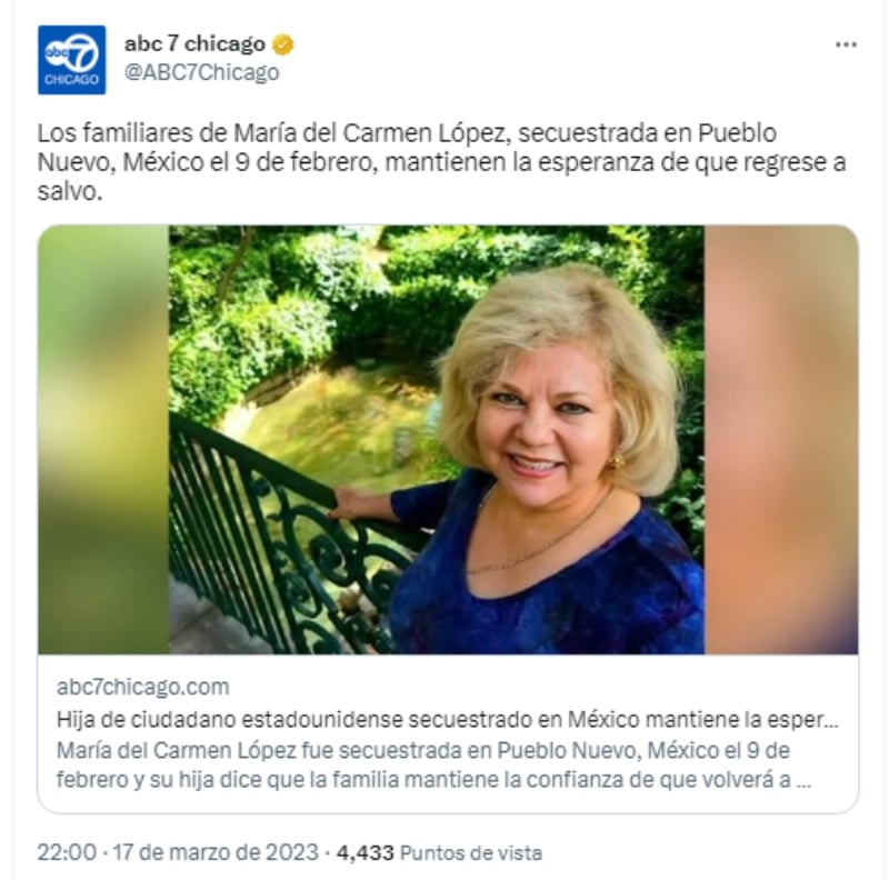 La estadounidense María del Carmen fue secuestrada en México