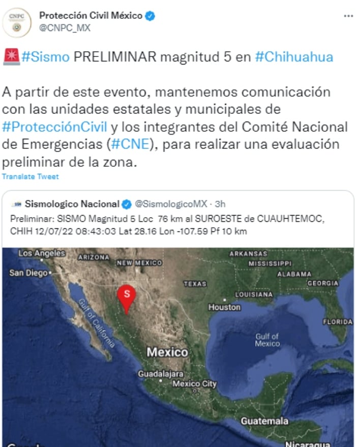 Registran sismo en Chihuahua