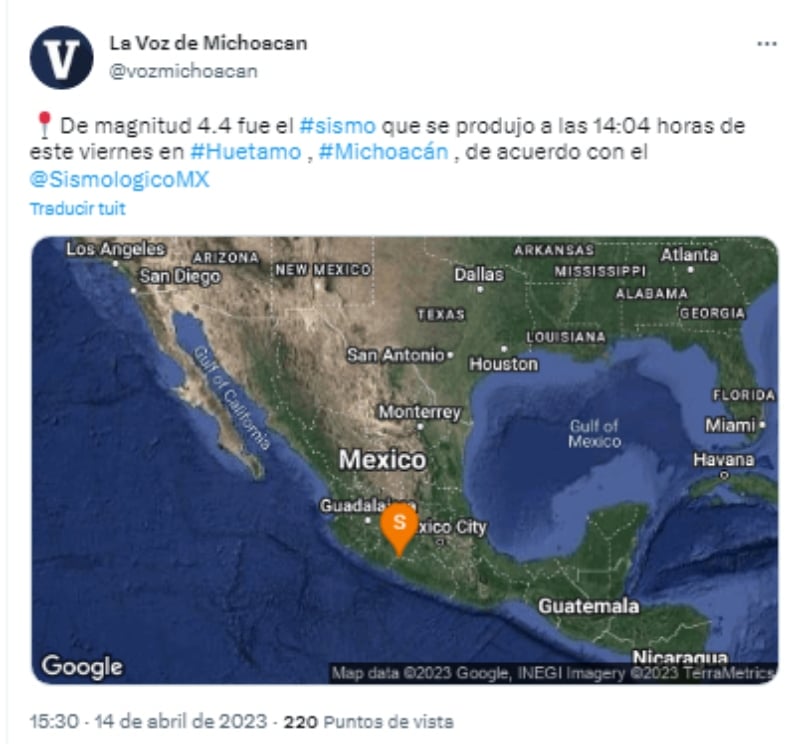 Reportan sismo de 4.4 en Michoacán