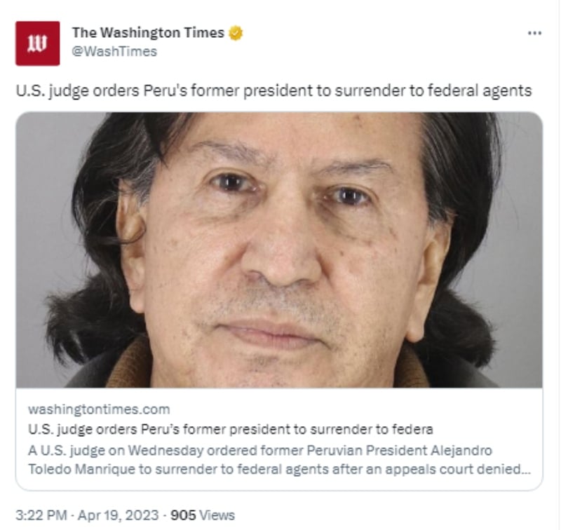 Ordenan detención de expresidente Alejandro Toledo