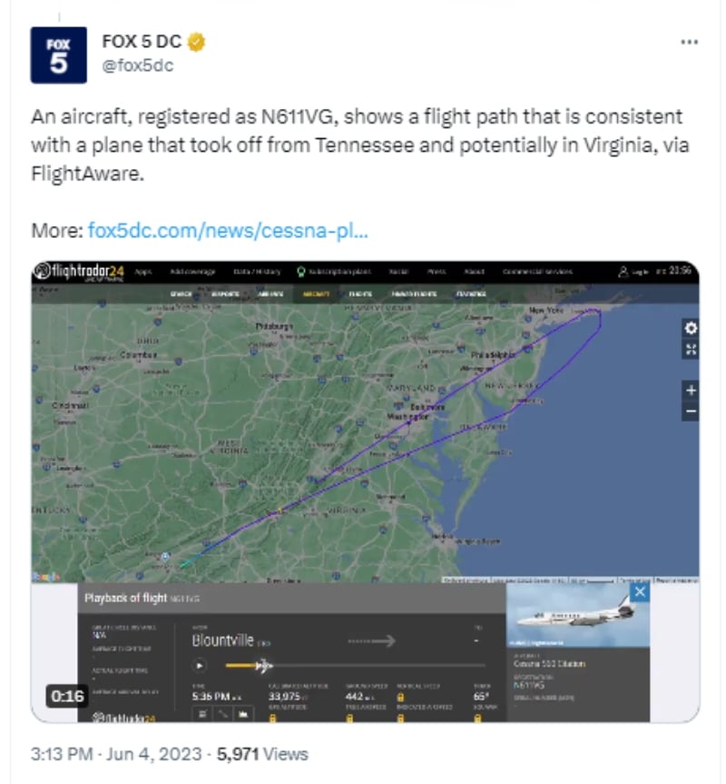 Avión Cessna se ha estrellado en Virginia