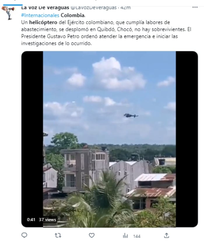 Desplome helicóptero en Colombia