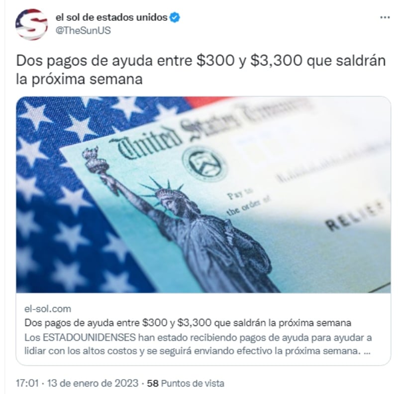 Anuncian nuevos cheques de hasta 3300 dólares