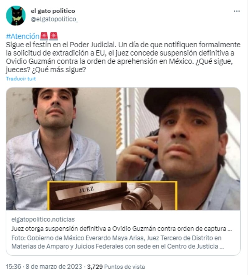 Ovidio Guzmán orden aprehensión: Juez mexicano da la orden