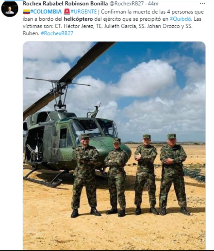 Desplome helicóptero en Colombia