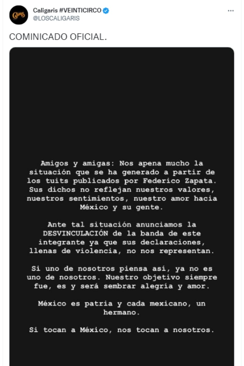 Caligaris separan Federico Zapata: Emiten comunicado