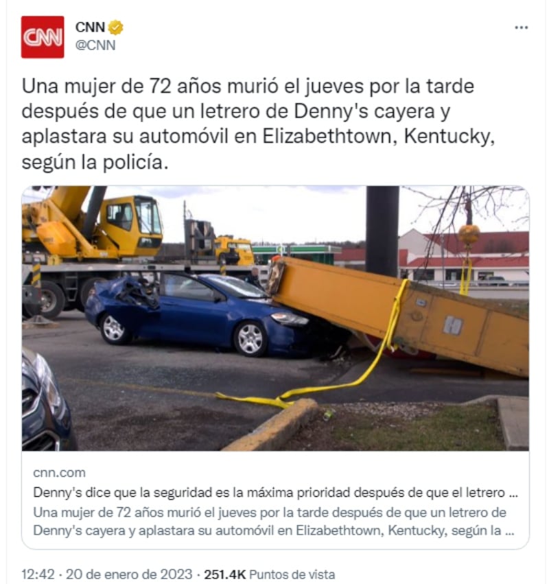 Muere mujer letrero Denny's: Aplastó su vehículo