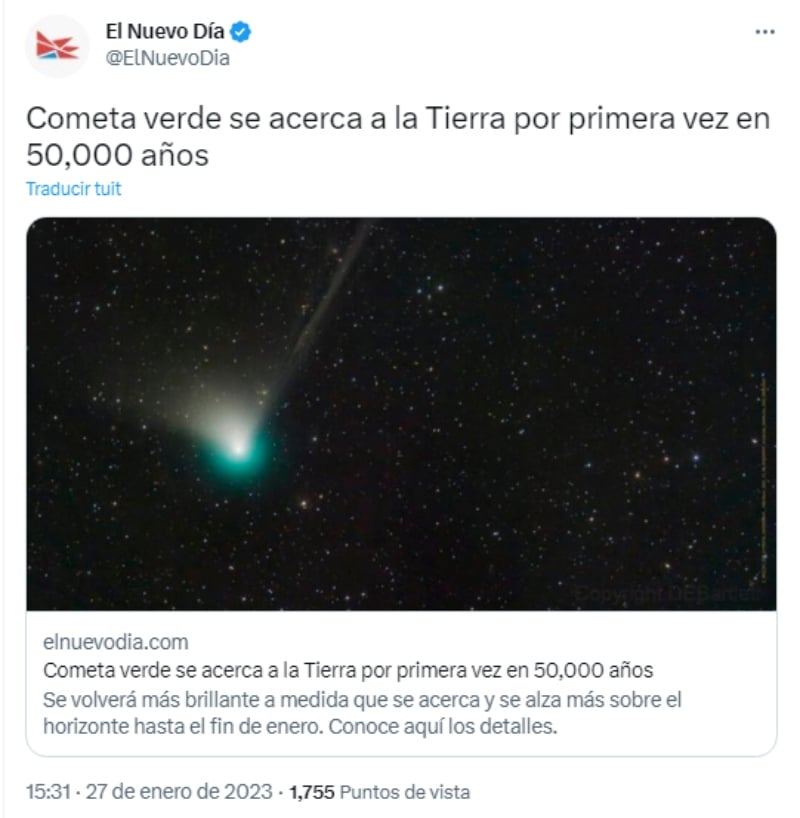 Cometa verde se acerca a la Tierra