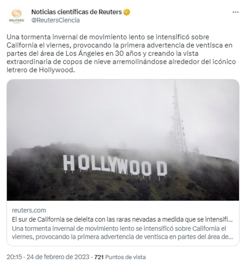 Nieve en letrero de Hollywood