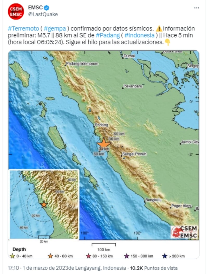 Registran fuerte sismo de 5.7 en Indonesia