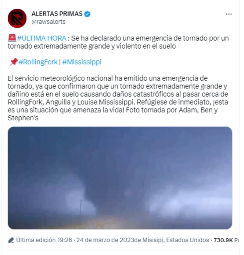 Destructivo tornado azota en Mississippi