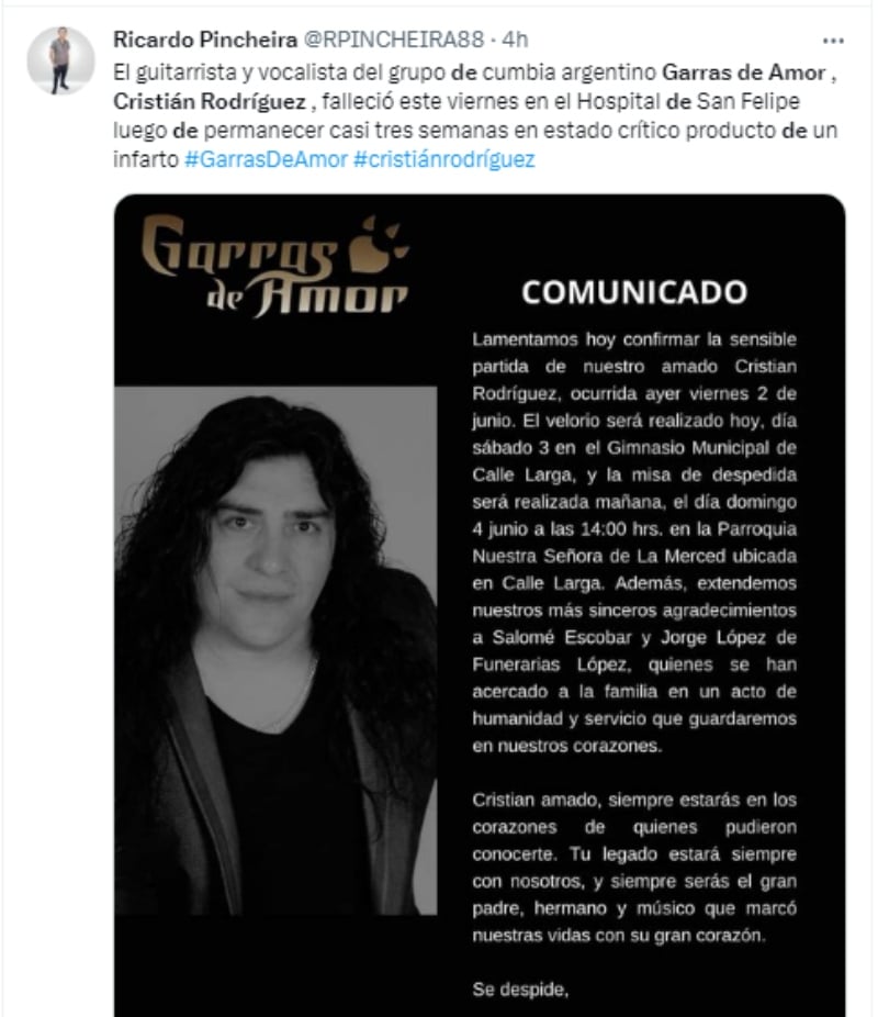 Muere el cantante Cristián Rodríguez
