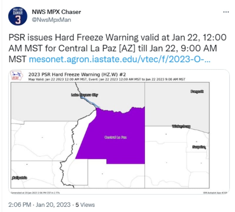 Alerta congelamiento Arizona: Temperaturas bajas