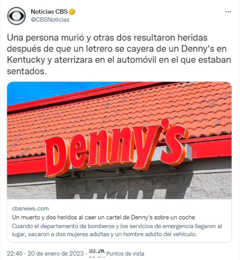 Muere mujer tras caerle letrero de un Denny's