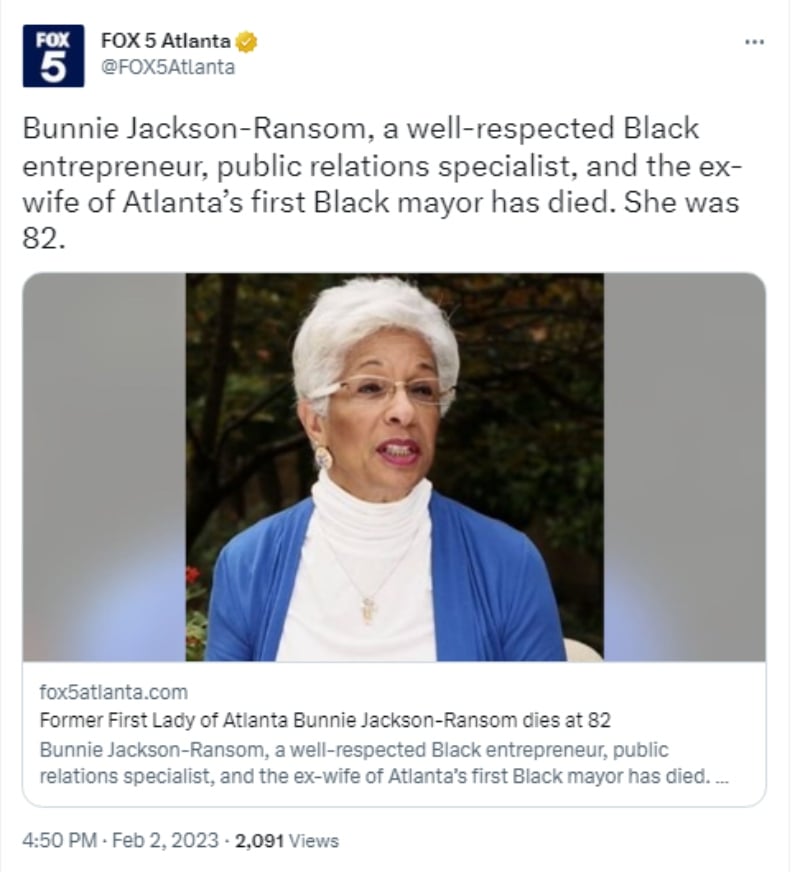 Muere exprimera dama de Atlanta Bunnie Jackson-Ransom