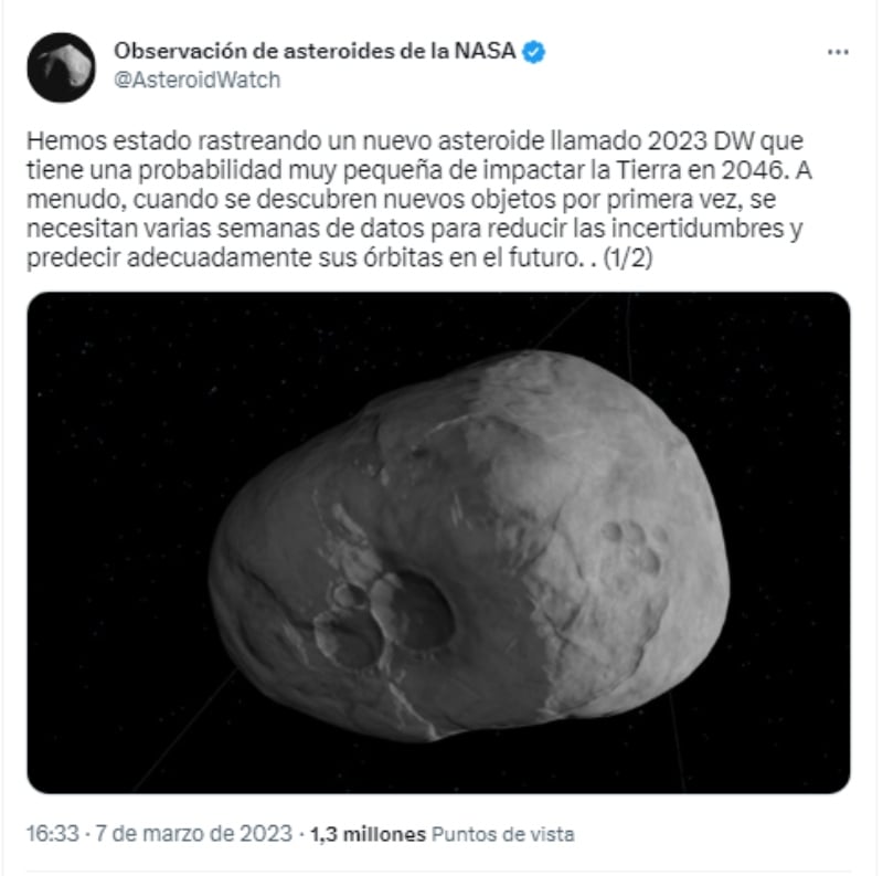 NASA advierte sobre asteroide 2023 DW