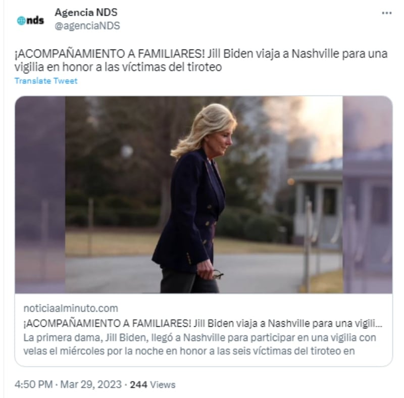 Jill Biden visita vigilia en Nashville
