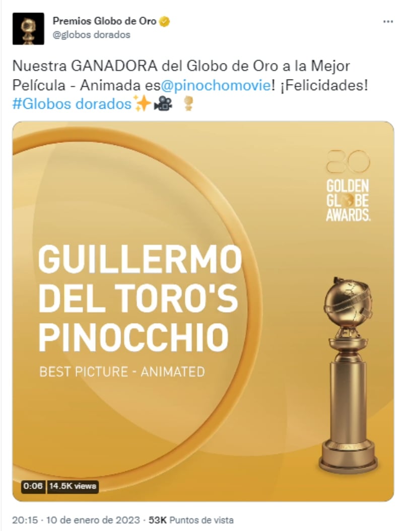 Golden Globes Guillermo del Toro: Ganador a mejor película animada