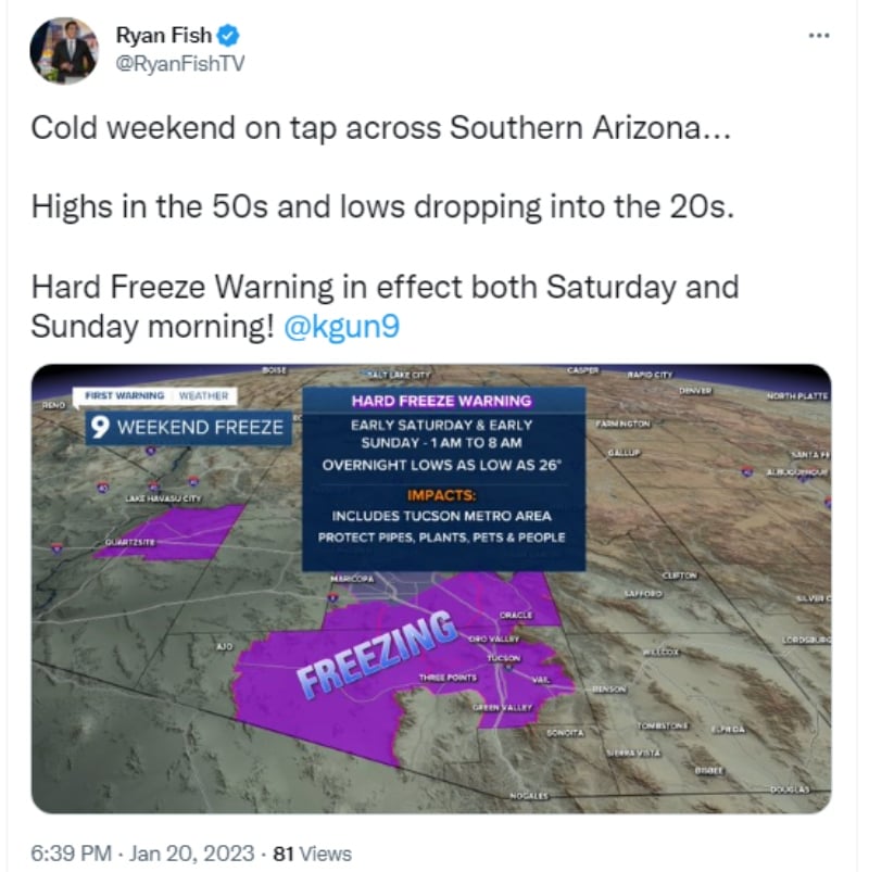 Lanzan alerta de congelamiento en Arizona