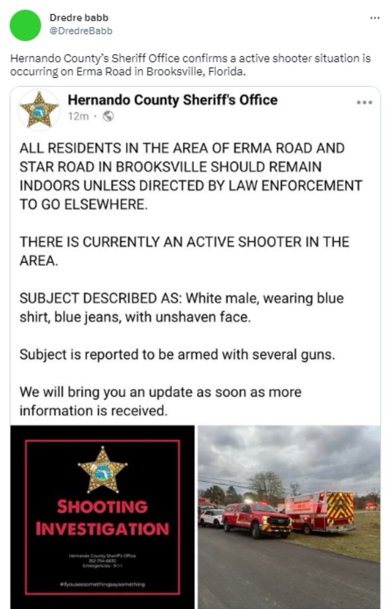 Reportan tirador activo en Brooksville