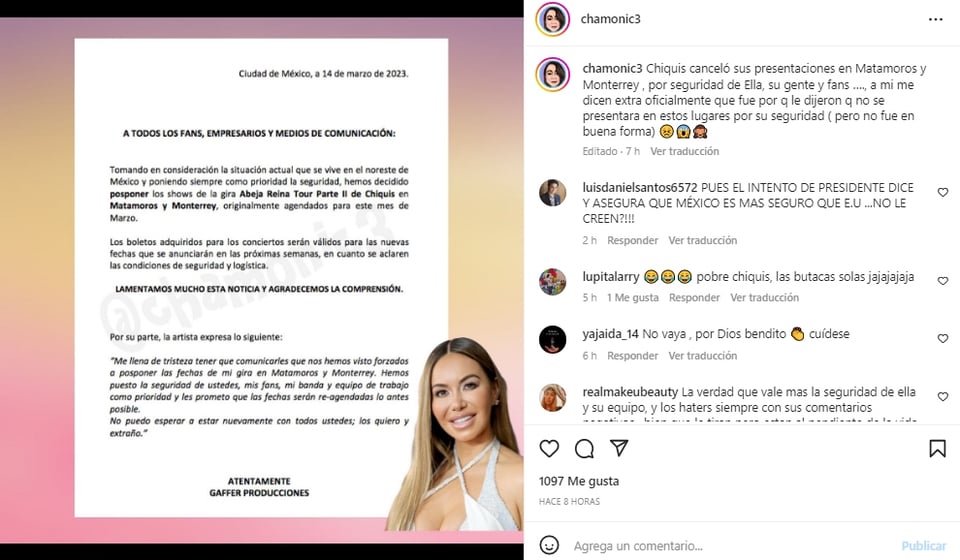 Chiquis cancela sus conciertos tras recibir presuntas amenazas
