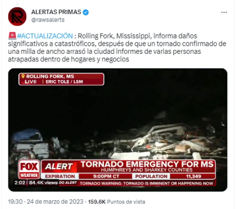 Destructivo tornado azota Mississippi: Lanzan alerta