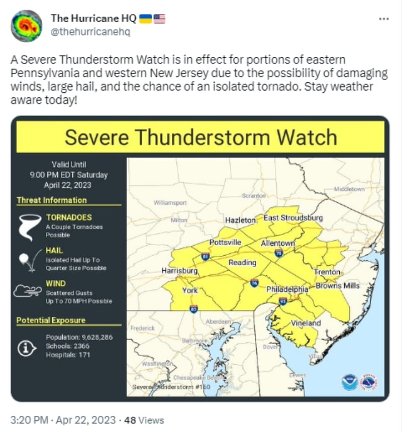 Lanzan alerta de tornado en Pensilvania