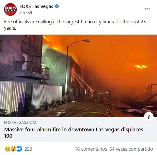 Enorme incendio el centro de Las Vegas devora al menos diez edificios