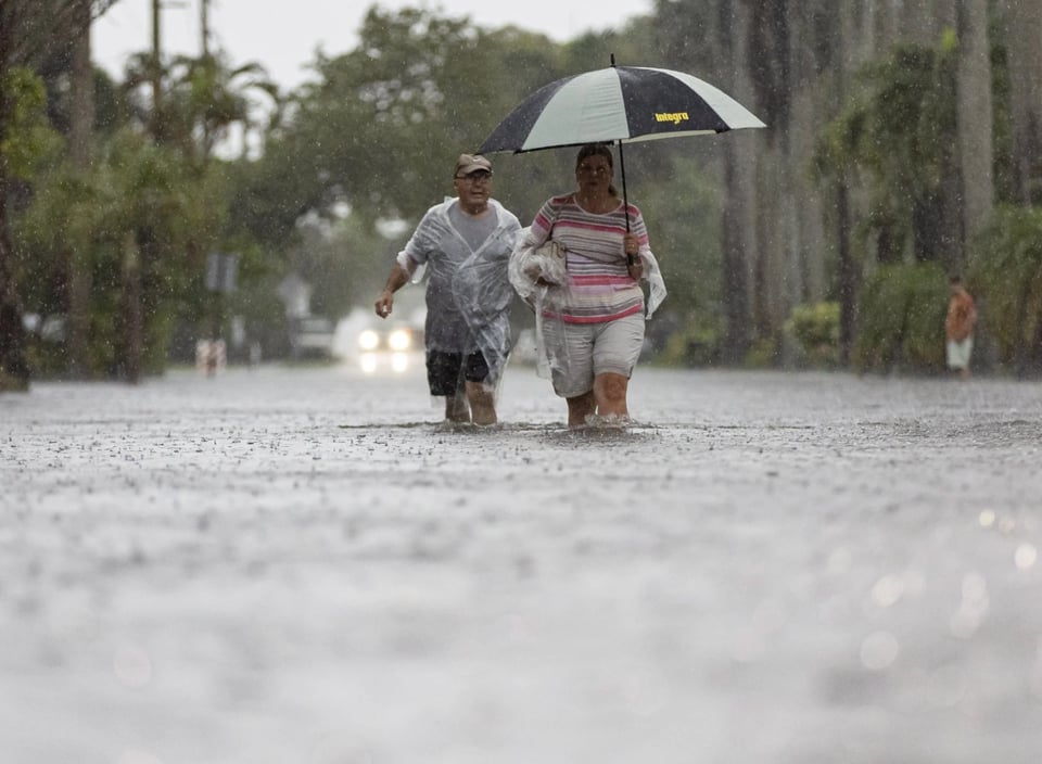pareja con paraguas, caminando bajo la lluvia, paraguas, calle inundada, palmeras, MundoNOW
