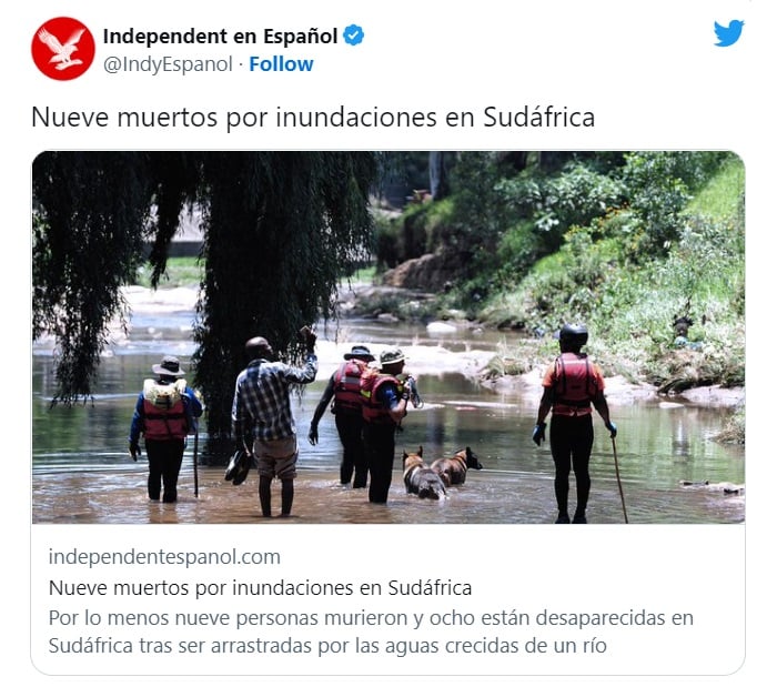 Nueve muertos y varios desaparecidos por inundaciones en Sudáfrica