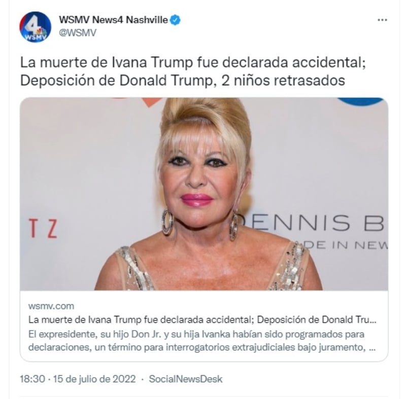 Muerte de Ivana Trump fue accidental