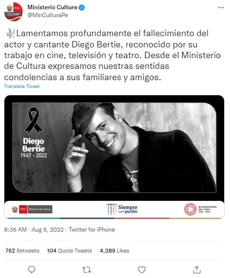 The Ministry of Culture of Peru lamented the death of the leading man of novels