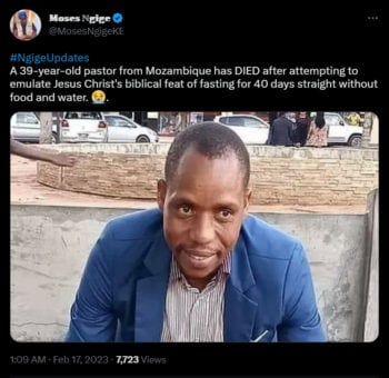 El pastor de Mozambique no comió nada por 25 días