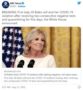 Primera dama Jill Biden COVID-19 aislamiento