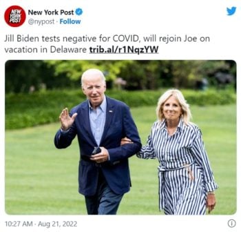 Primera dama Jill Biden COVID-19 aislamiento