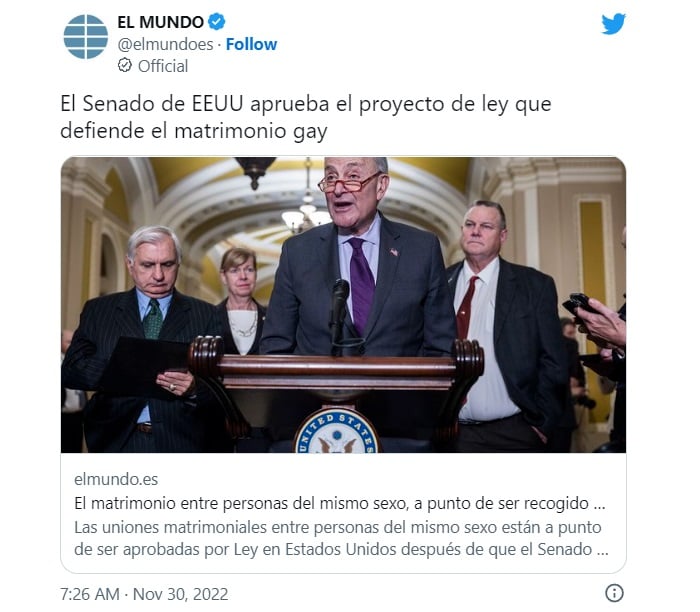 Senado aprueba legislación para proteger matrimonio gay y Biden lo celebra