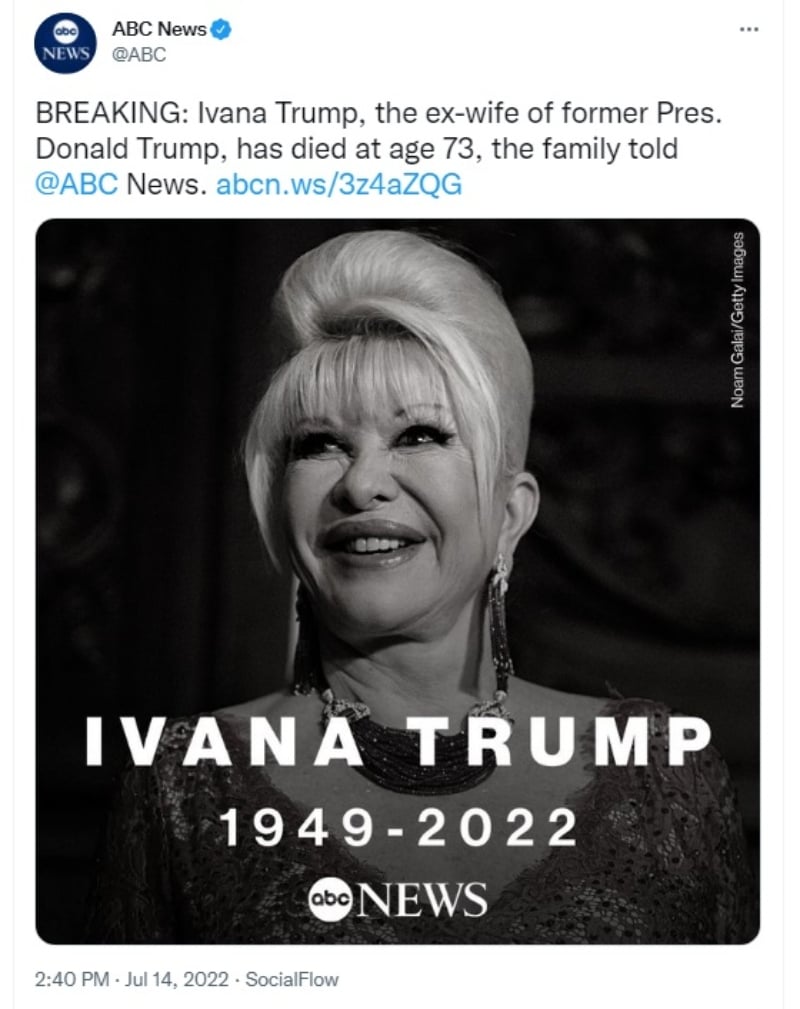 Mensaje de Donald Trump y su hijo tras la muerte de Ivana
