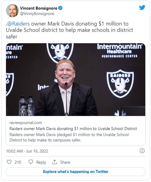 Propietario de los Raiders, Mark Davis, dona $ 1 millón al distrito escolar de Uvalde