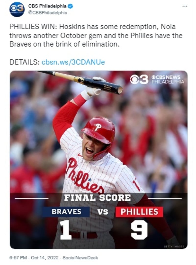 Phillies le ganan a los Bravos en el tercer juego de la serie