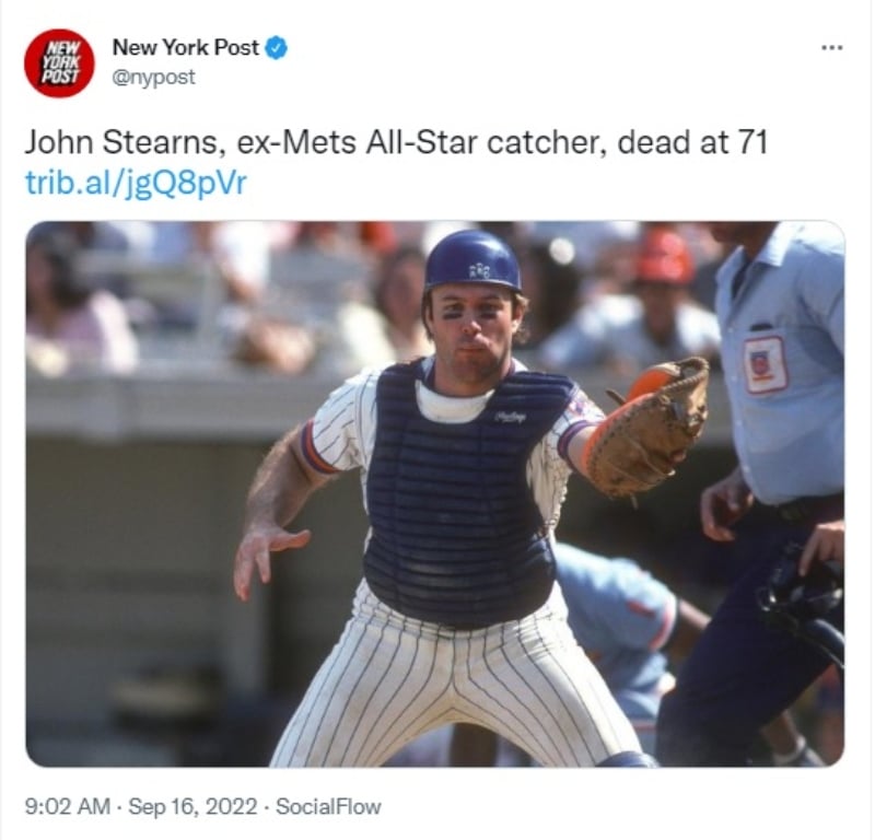 Muere el beisbolista estrella de los Mets, John Stearns