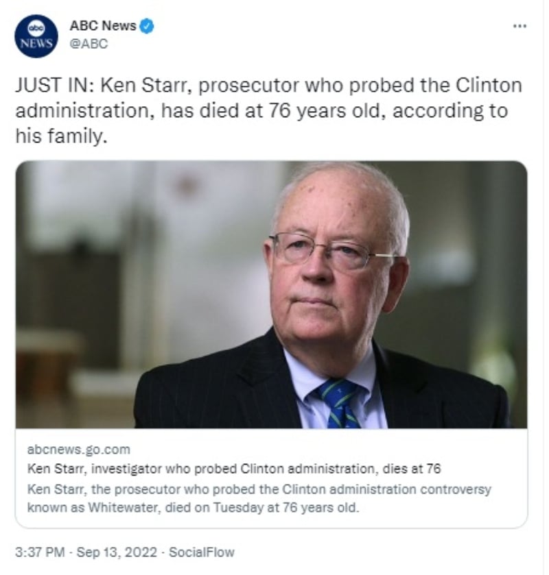 Muere el ex juez federal Ken Starr a los 76 años