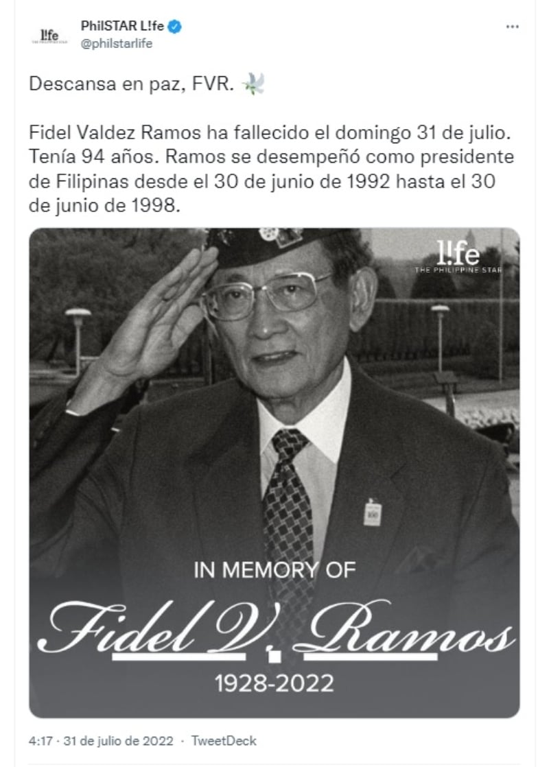 Muere el expresidente Fidel Valdez Ramos