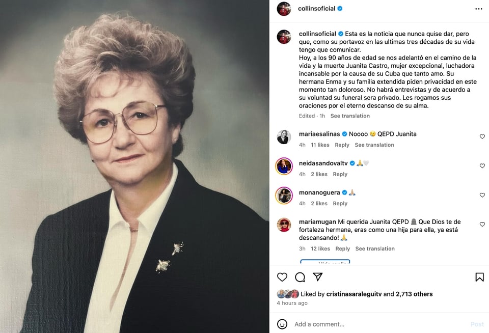 María Collins Juanita Castro, muerte, luto, celebridades, MundoNOW