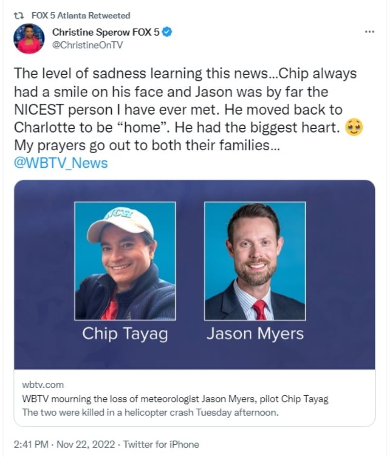 Muere meteorólogo Jason Myers accidente helicóptero: "Myers y el piloto Chip Tayag perdieron la vida"