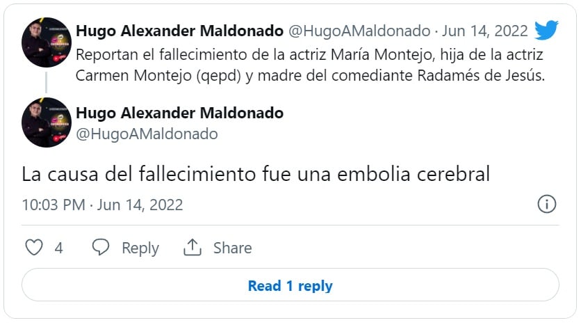 Muere la actriz María Montejo, madre del comediante Radamés de Jesús