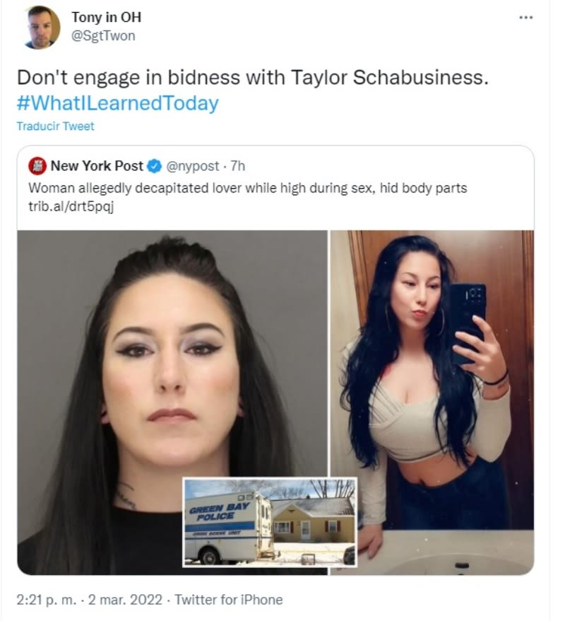 Taylor Schabusiness murderous woman beheads lover: She was arrested by the authorities
