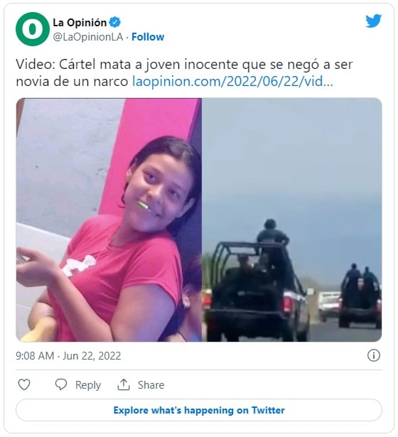 Cártel mata a jovencita porque se negó a ser novia de un narco