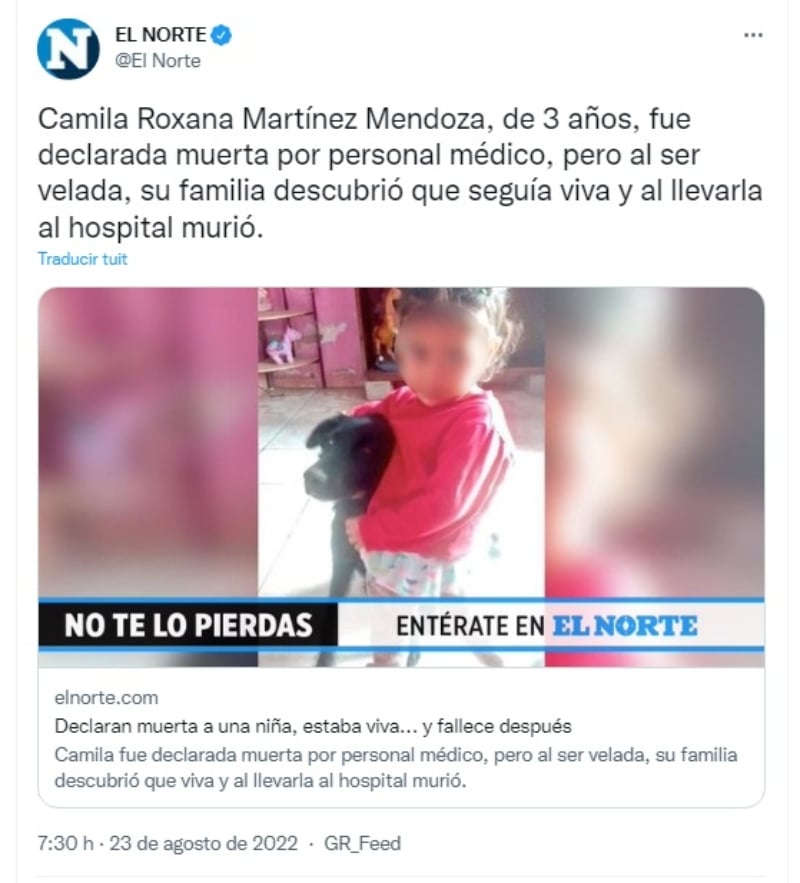 Niña muere dos veces: Primera muerte
