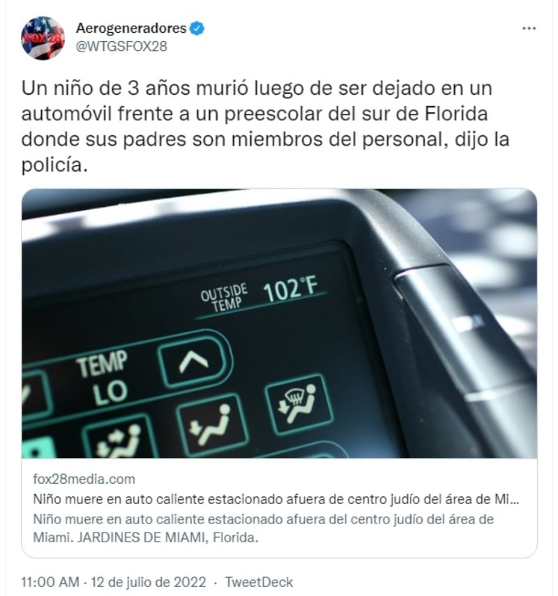Niño muere encerrado en un auto en Florida